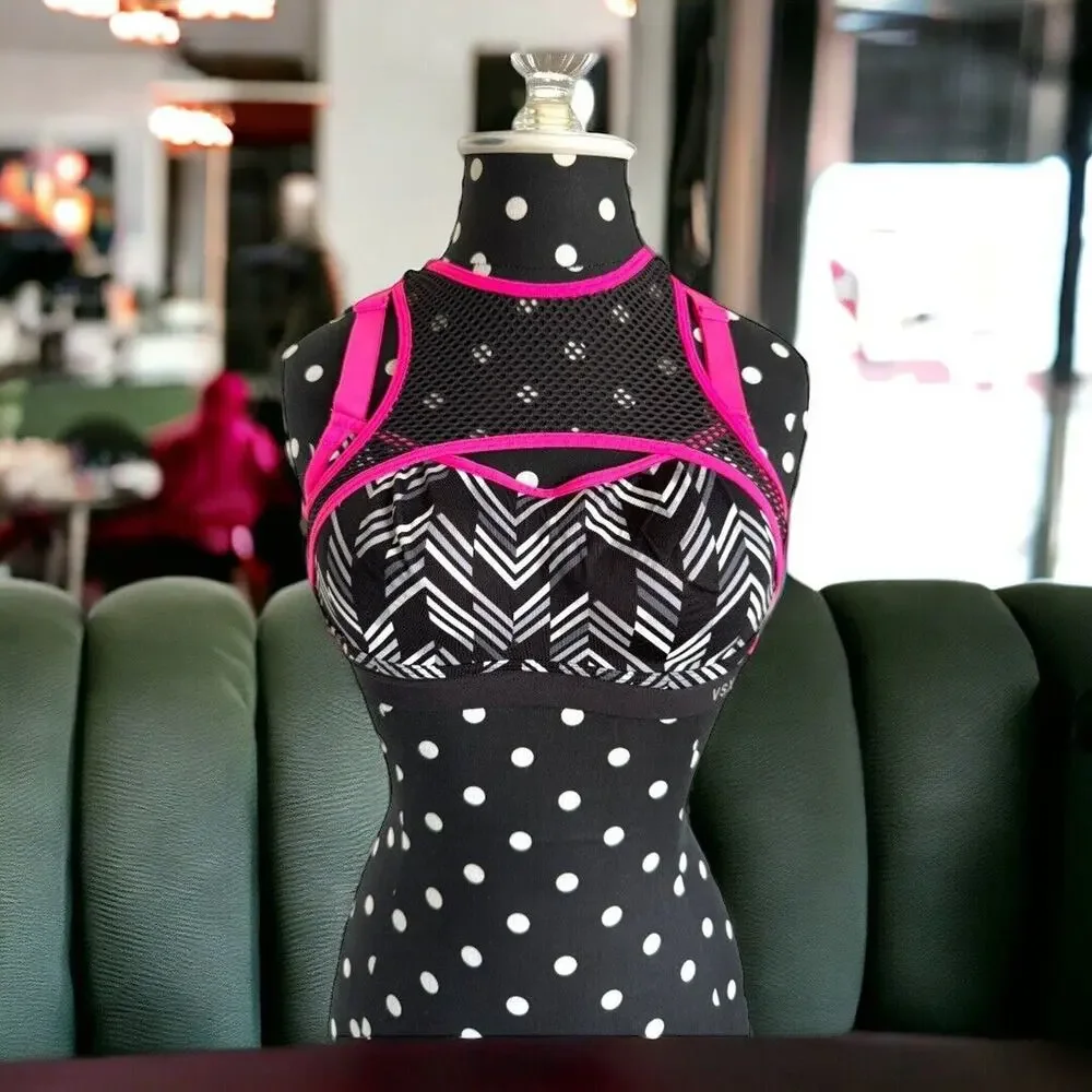 Victorias Secret VSX Mesh Sports Bra 32C Crisscross‎ Straps Black White Hot Pink